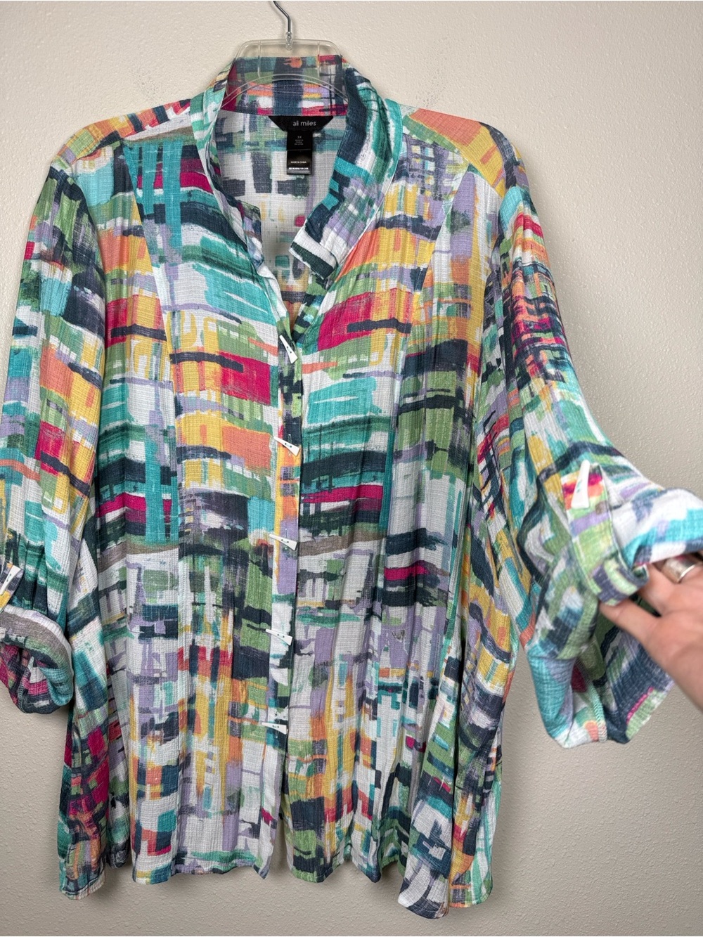 Ali Miles 3X Abstract Print Tunic Top Roll Tab Sleeve Pockets Stand Collar Artsy